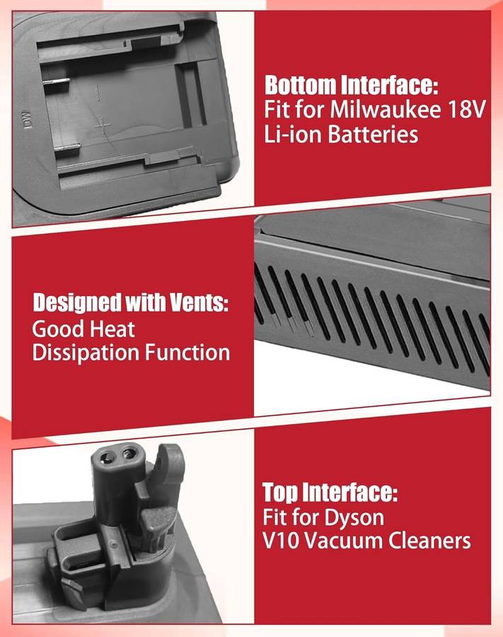 Adapter for Milwaukee 18V Li-ion Battery Convert to for Dyson V10 Vacuum Cleaner