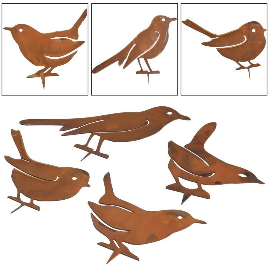 Rusty Metal Birds Stake Silhouettes Set Of 4 Decorative Garden Figures