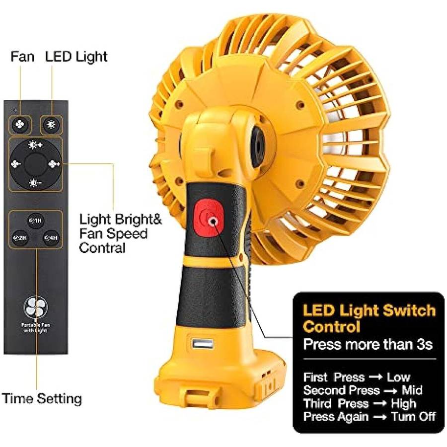Portable Fan for Dewalt 20V Li-ion Battery with 9W LED Light Jobsite Fan Camping