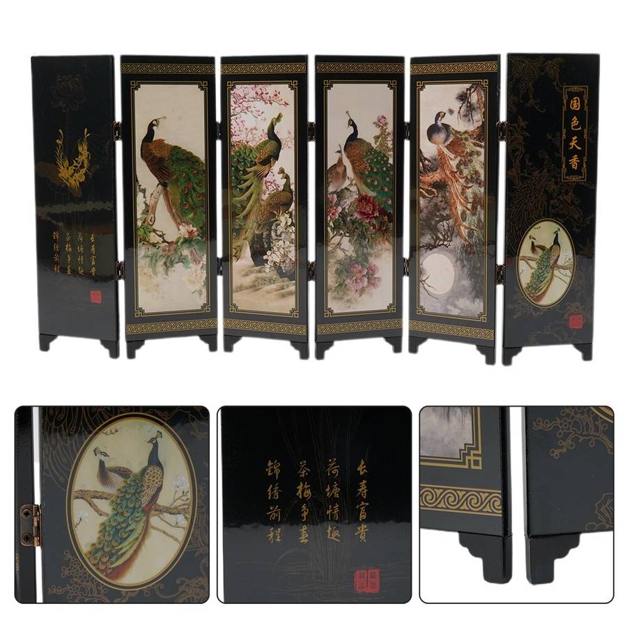 Wooden Foldable Panel Peacock Screen Commemorative Wood Partition Room Divider
