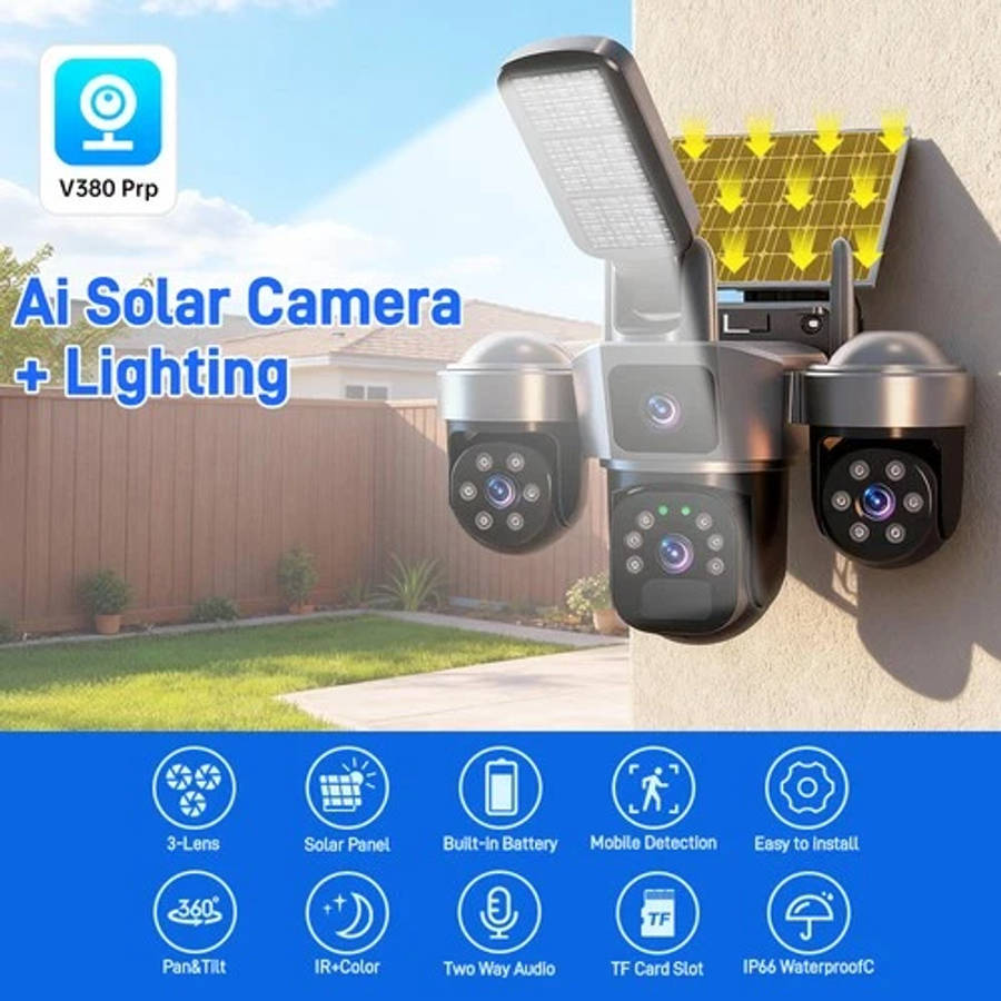 Solar Battery Wireless WiFi Outdoor Pan/Tilt Home Security Camera 9MP HD w/ 32GB