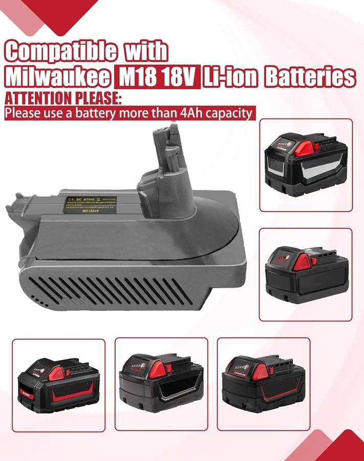 Adapter for Milwaukee 18V Li-ion Battery Convert to for Dyson V10 Vacuum Cleaner