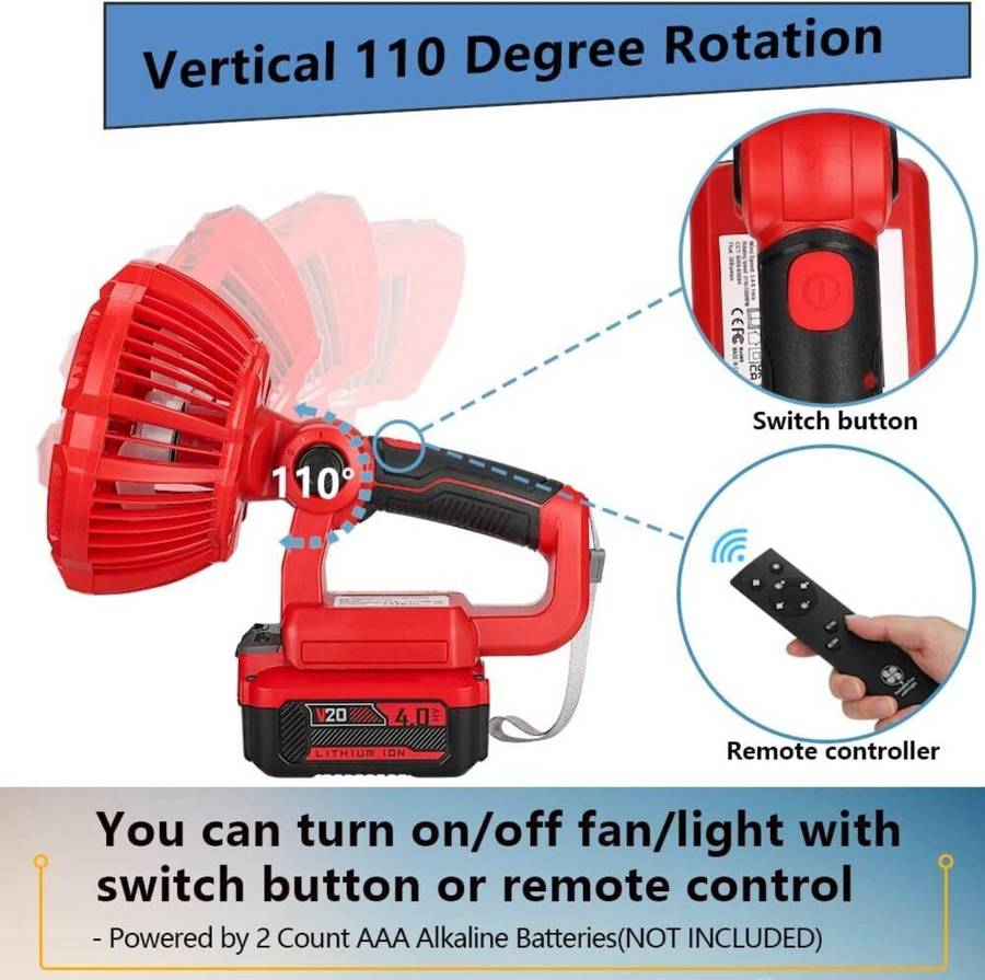 Portable Fan for Craftsman 20V Battery 9W LED Light Cordless Jobsite Fan Camping