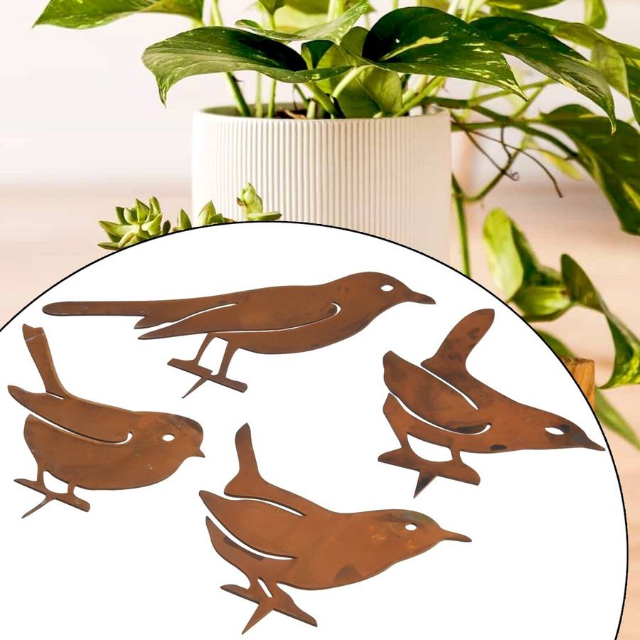 Rusty Metal Birds Stake Silhouettes Set Of 4 Decorative Garden Figures