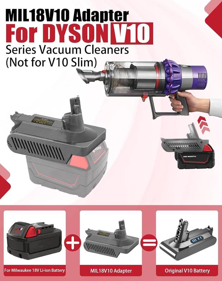 Adapter for Milwaukee 18V Li-ion Battery Convert to for Dyson V10 Vacuum Cleaner