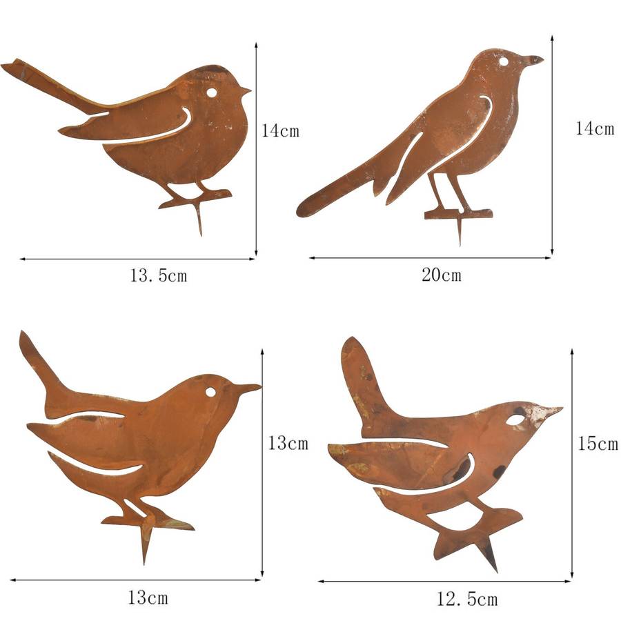 Rusty Metal Birds Stake Silhouettes Set Of 4 Decorative Garden Figures