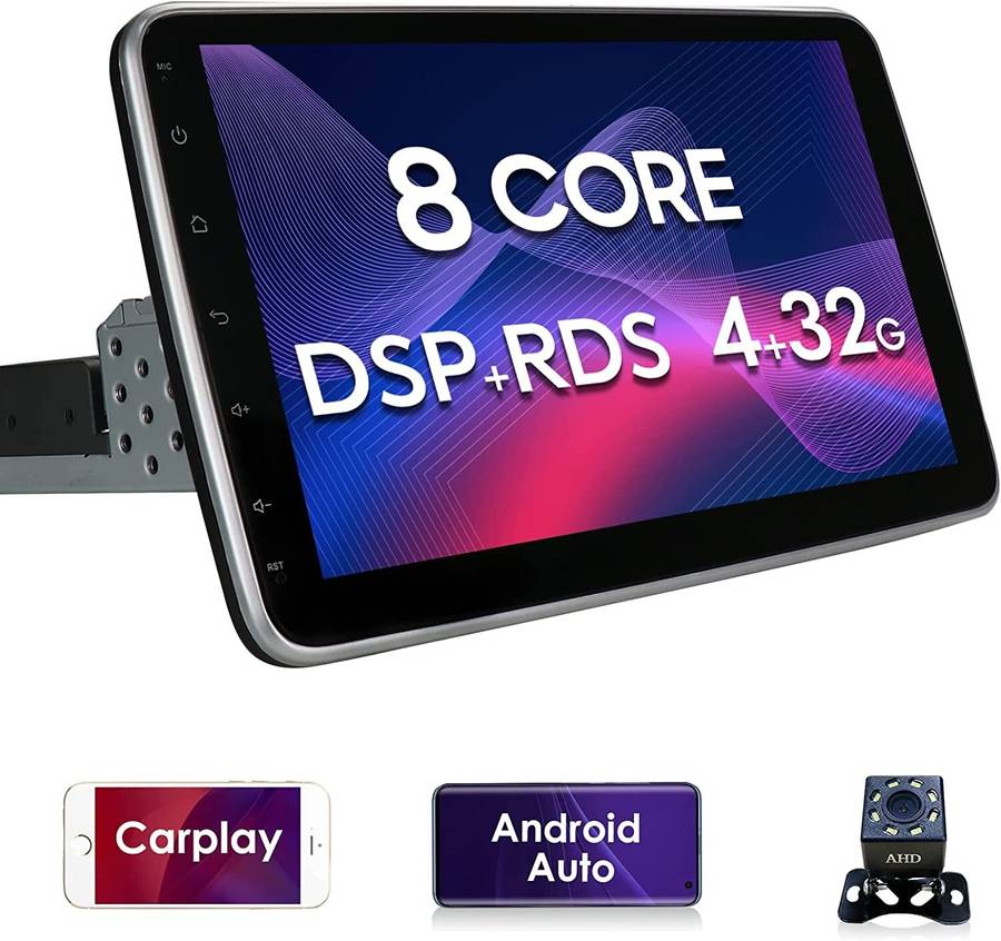 CarPlay Single 1DIN Rotatable 10.1'' Android 12 Car Stereo Radio GPS Wifi 4+32GB