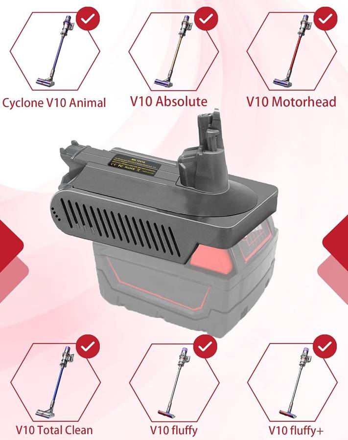 Adapter for Milwaukee 18V Li-ion Battery Convert to for Dyson V10 Vacuum Cleaner