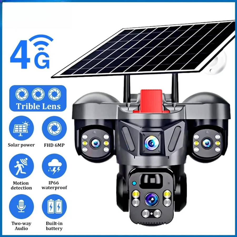 V380 Pro Outdoor PTZ  SIM Card 4G Solar Camera Home Security Triple Lens Camera, tow-way audio