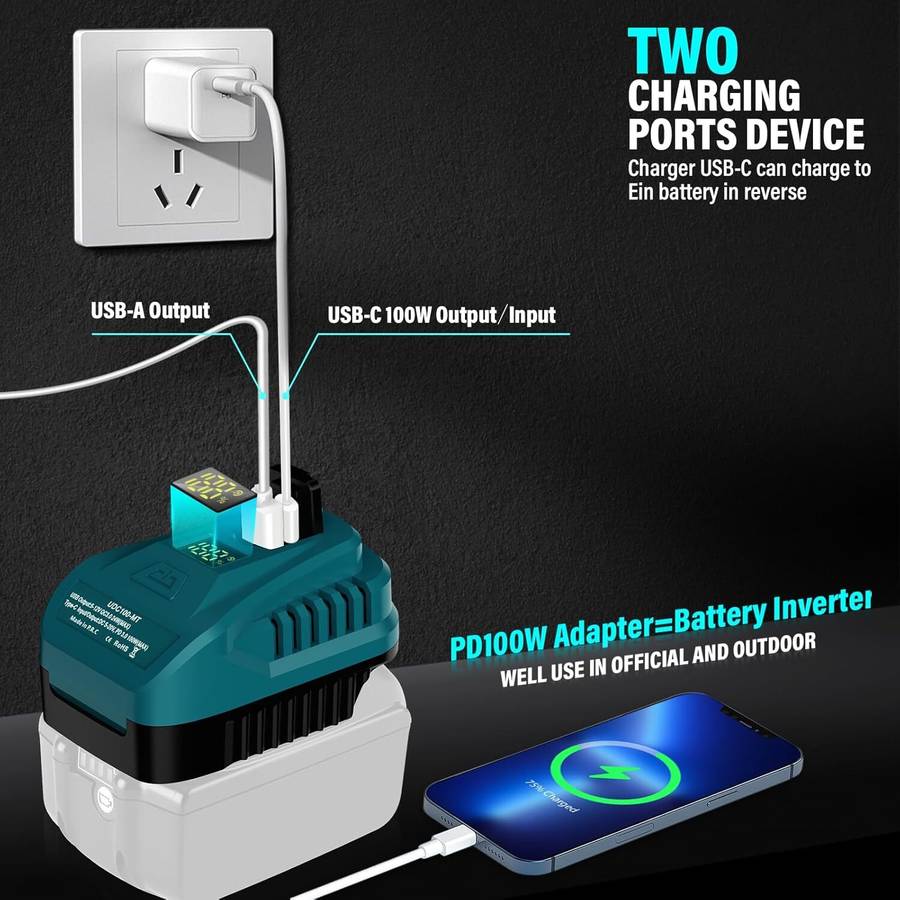 100W USB Charger Adapter for Makita 18V QC3.0 Type-C USB Port with LED Display