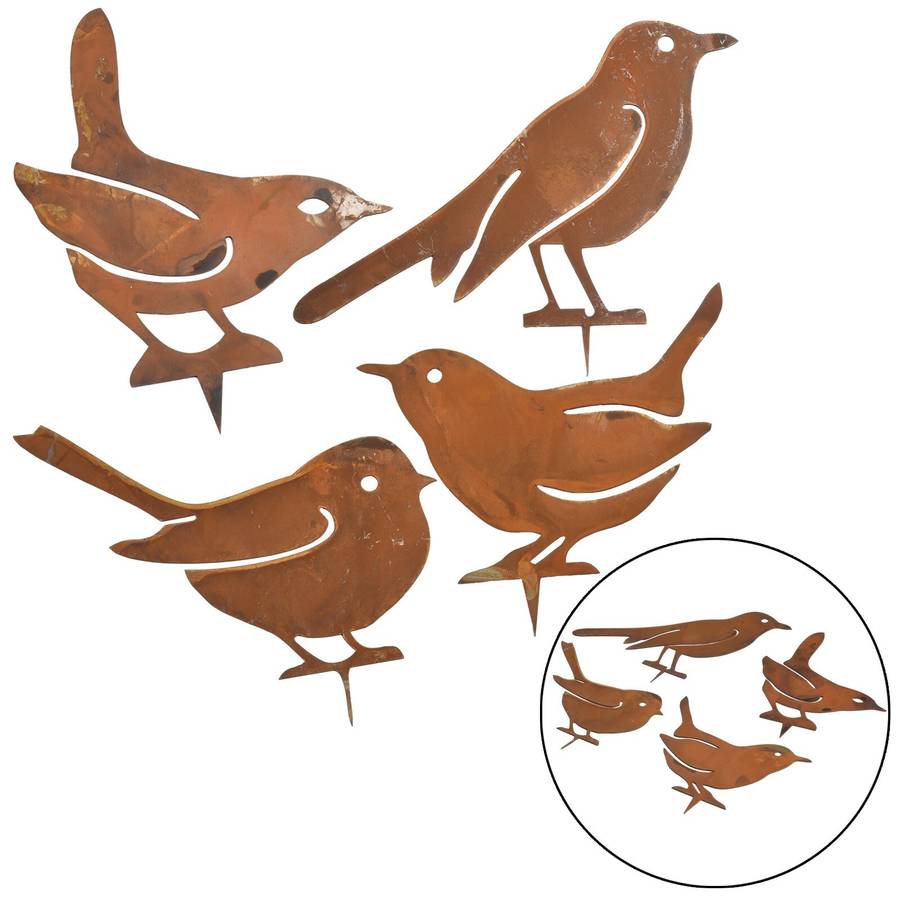 Rusty Metal Birds Stake Silhouettes Set Of 4 Decorative Garden Figures