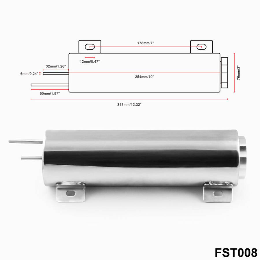 3" x 10" Polished Stainless Steel 32 oz Radiator Overflow Tank with Bottle Tank