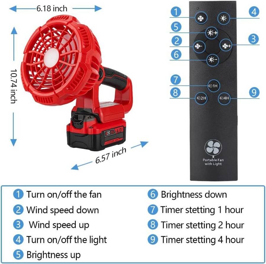 Portable Fan for Craftsman 20V Battery 9W LED Light Cordless Jobsite Fan Camping