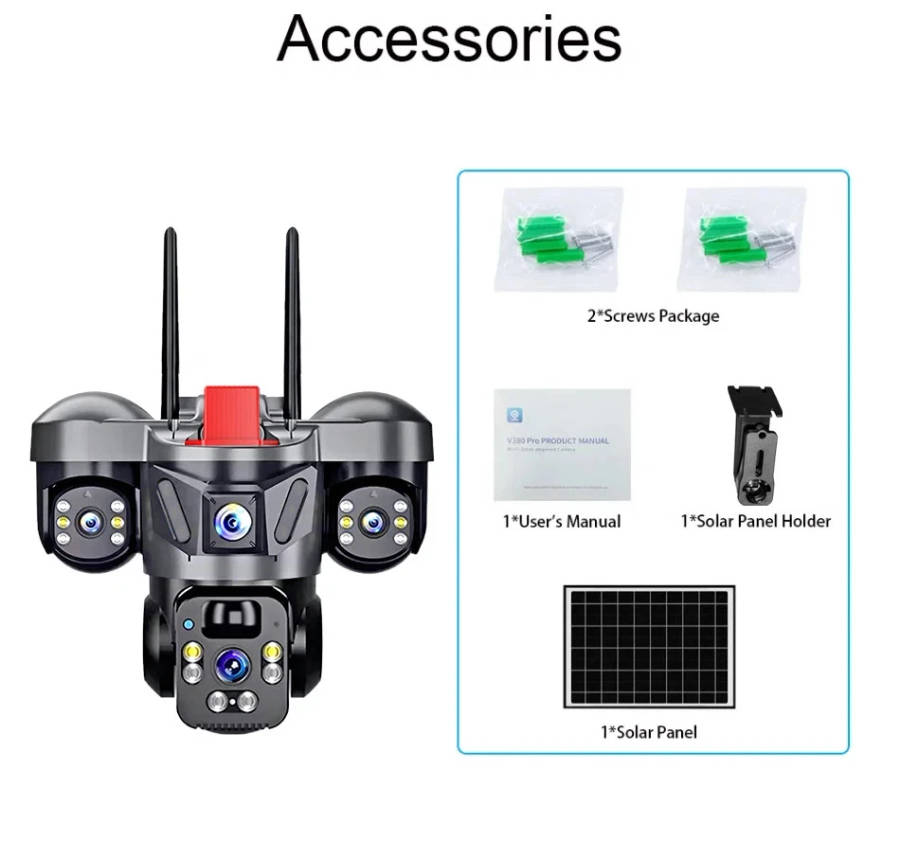 V380 Pro Outdoor PTZ  SIM Card 4G Solar Camera Home Security Triple Lens Camera, tow-way audio