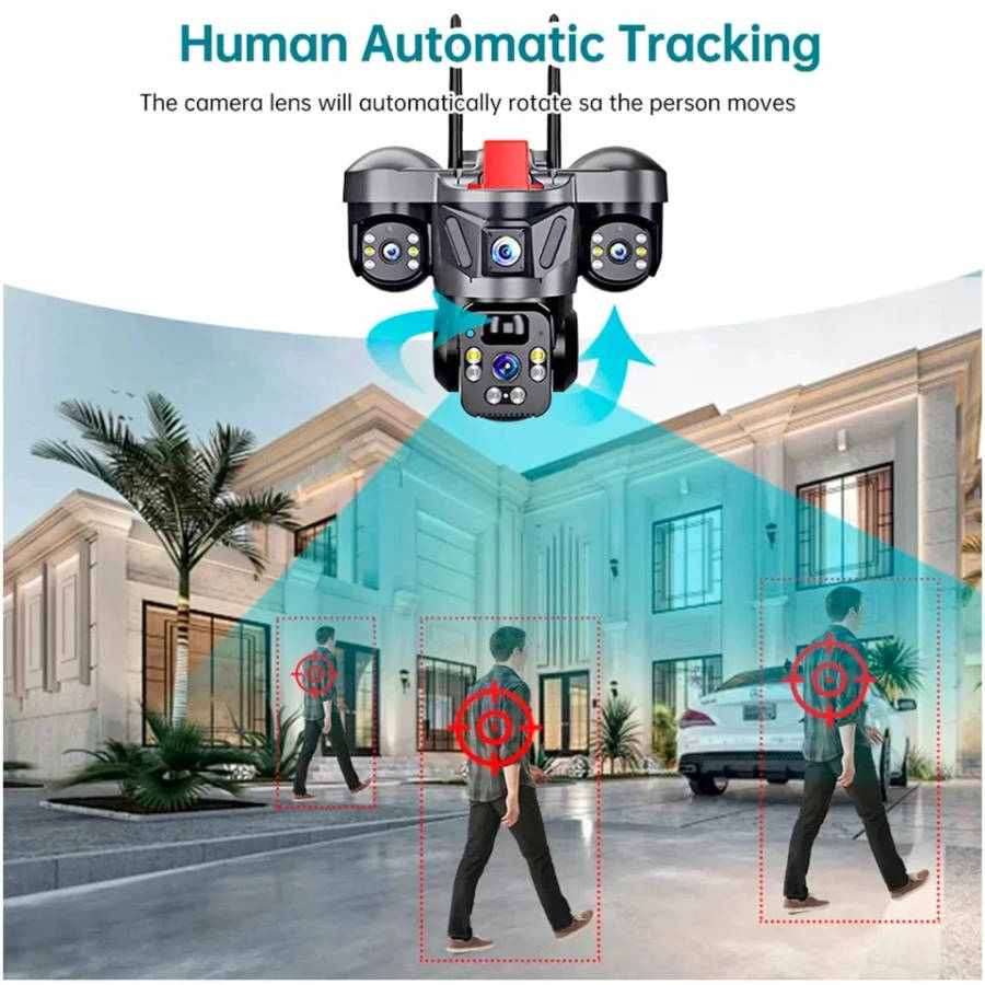 V380 Pro Outdoor PTZ  SIM Card 4G Solar Camera Home Security Triple Lens Camera, tow-way audio