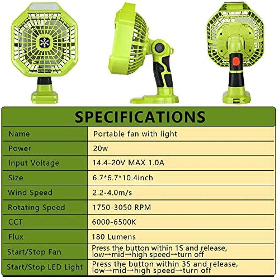 Portable Camping Fan for RYOBI 14.4-20V Li-ion Battery With Remote Jobsite Fan