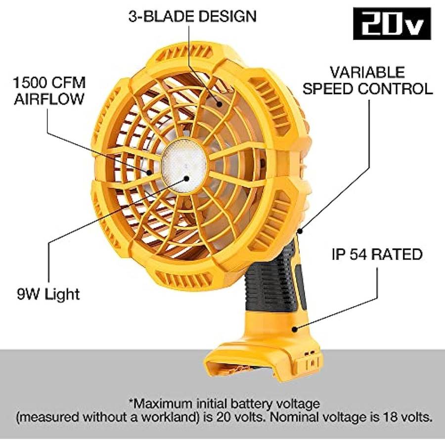 Portable Fan for Dewalt 20V Li-ion Battery with 9W LED Light Jobsite Fan Camping