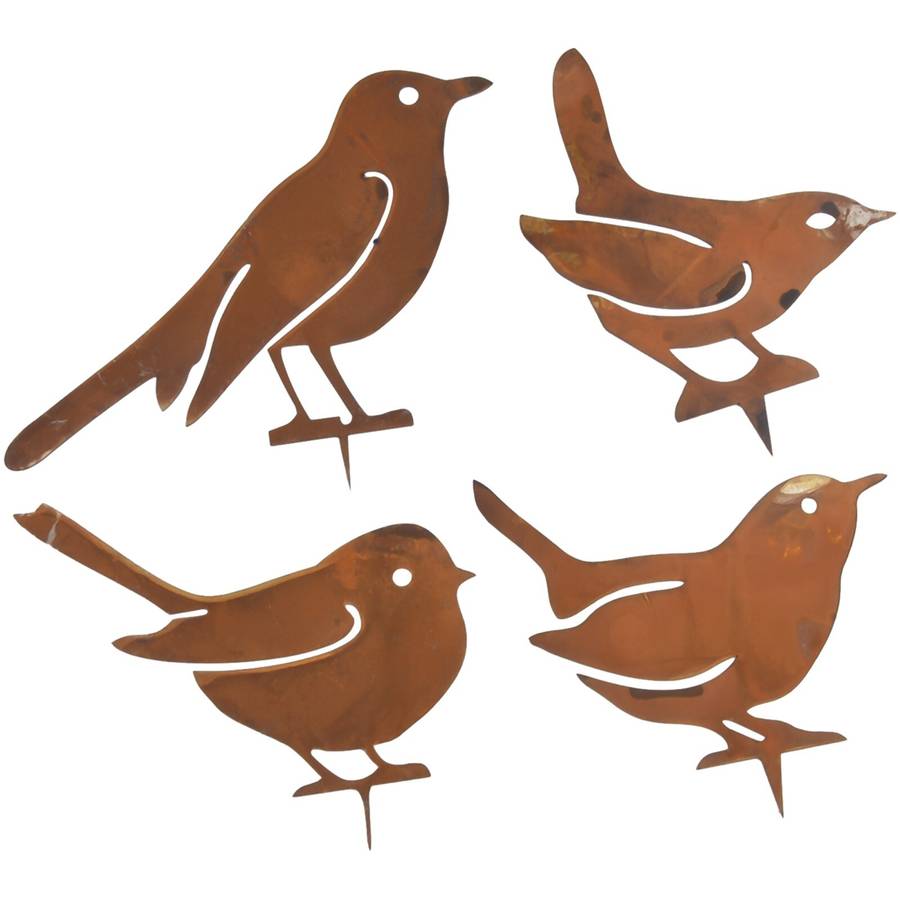 Rusty Metal Birds Stake Silhouettes Set Of 4 Decorative Garden Figures