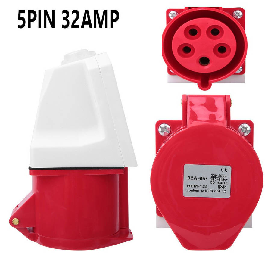 High Power 32A 5 PIN RED 3 PHASE Industrial Plug+Socket 415V Wall Mountable