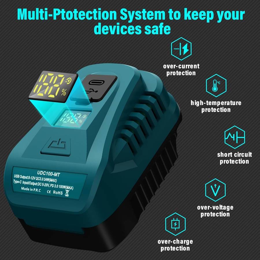 100W USB Charger Adapter for Makita 18V QC3.0 Type-C USB Port with LED Display