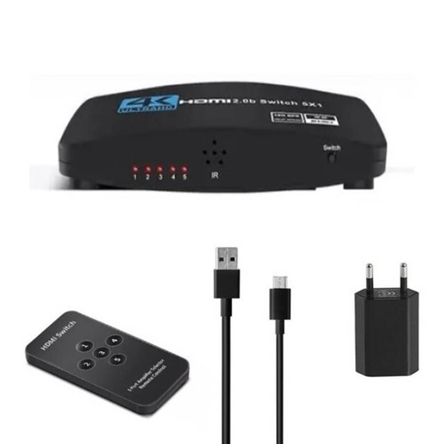 4K Ultra HD 5 Port HDMI 2.0 Splitter for TV Console with Remote Control