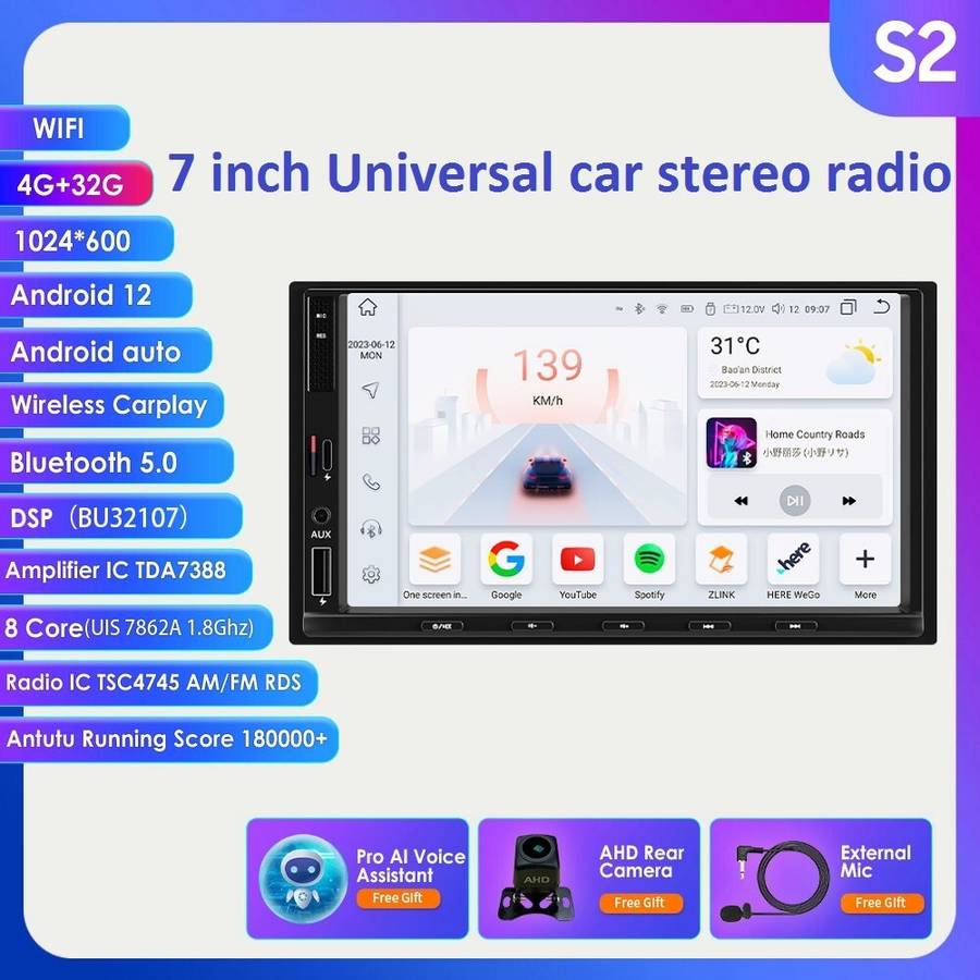 7" 2 Din Android 12 Universal Car Stereo CarPlay GPS Radio WiFi Player 4+32G AUX