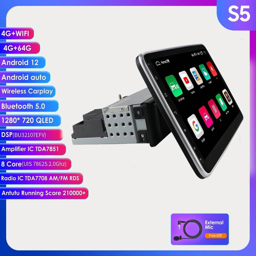 Single 1DIN 10.1'' Android 12 Touch Screen Car Stereo Radio GPS Nav Wifi 4+ 64GB
