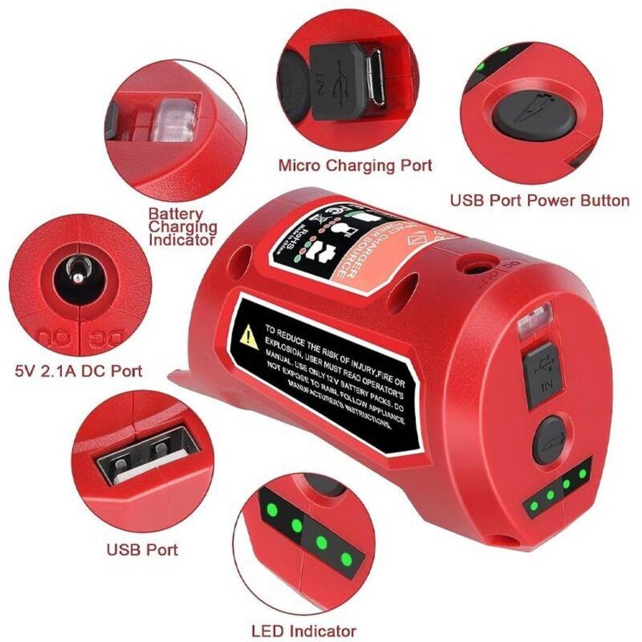 USB Charger Adapter Power Source For Milwaukee 12V Li-ion Battery 48-59-1201 N12