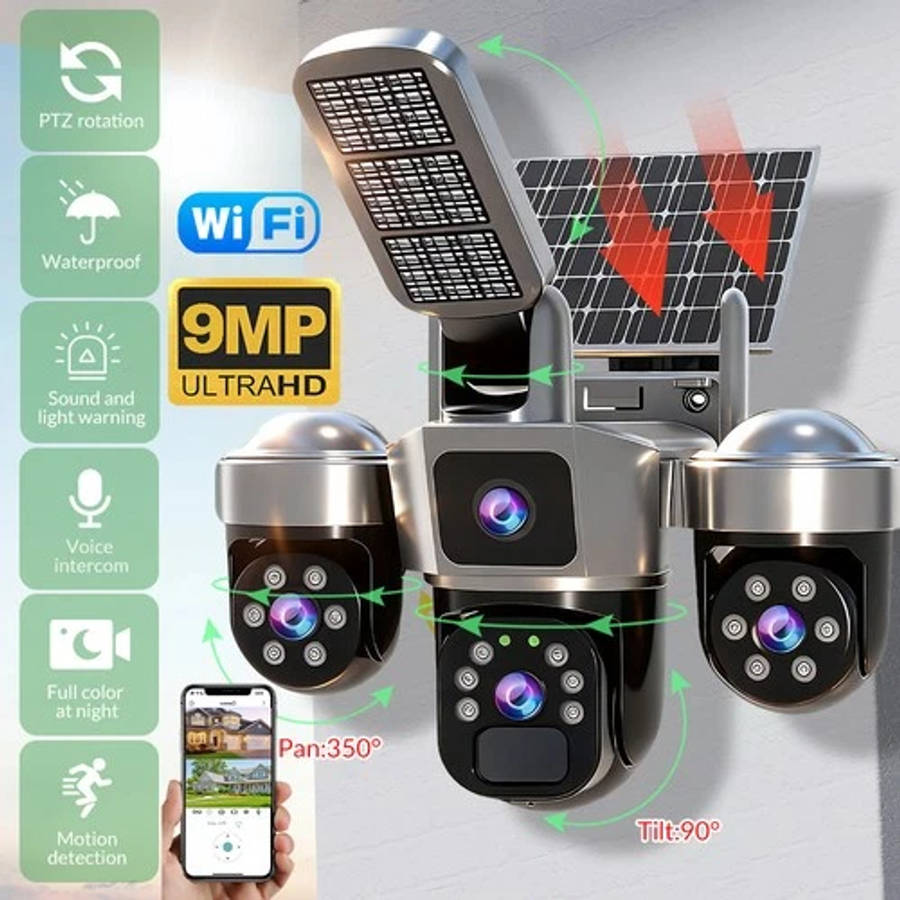 Solar Battery Wireless WiFi Outdoor Pan/Tilt Home Security Camera 9MP HD w/ 32GB