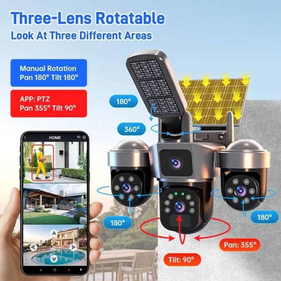 Solar Battery Wireless WiFi Outdoor Pan/Tilt Home Security Camera 9MP HD w/ 32GB