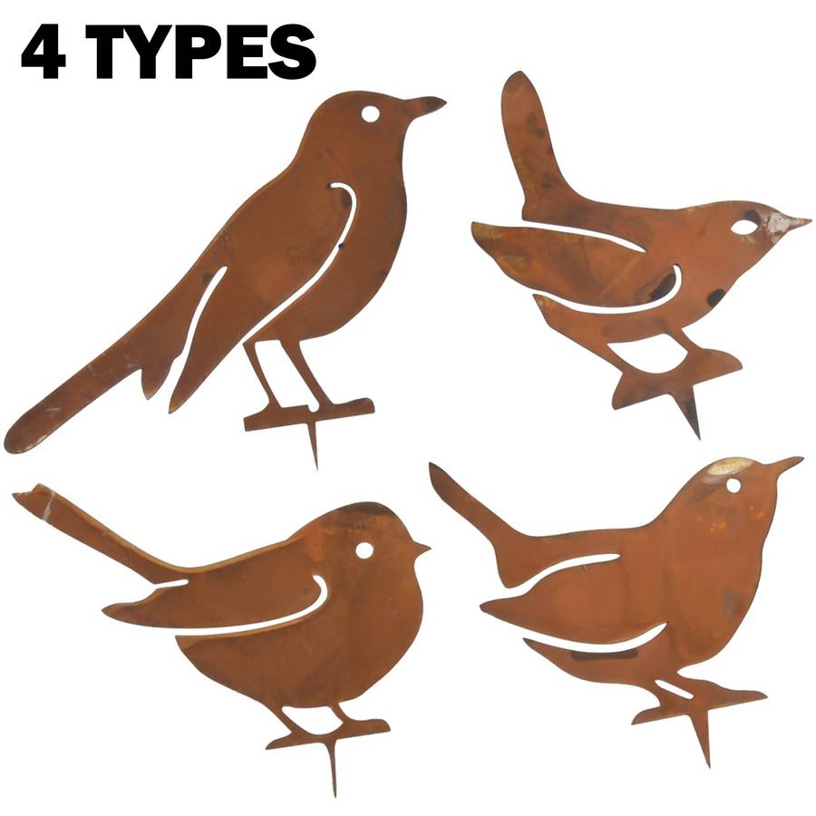 Rusty Metal Birds Stake Silhouettes Set Of 4 Decorative Garden Figures