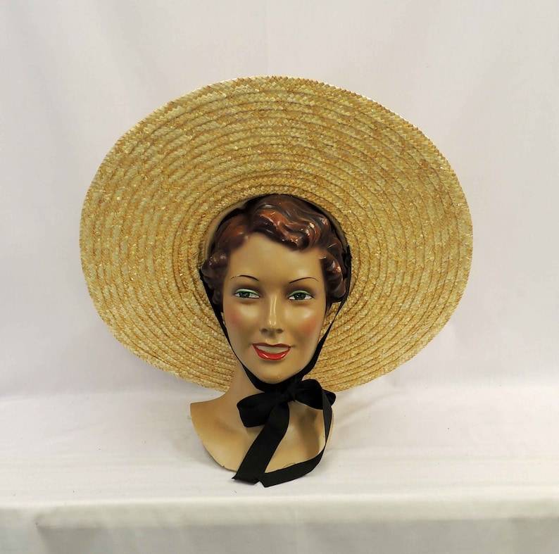 Large Brim Natural Straw Cartwheel / Platter Summer Sun Hat 1940s Vintage style