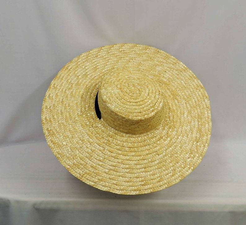 Large Brim Natural Straw Cartwheel / Platter Summer Sun Hat 1940s Vintage style