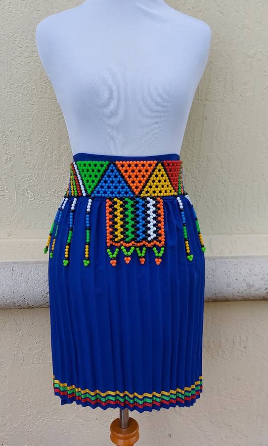 Women`s Blue Traditional Zulu Skirt and Beaded Belt. Pleated Zulu women skirt