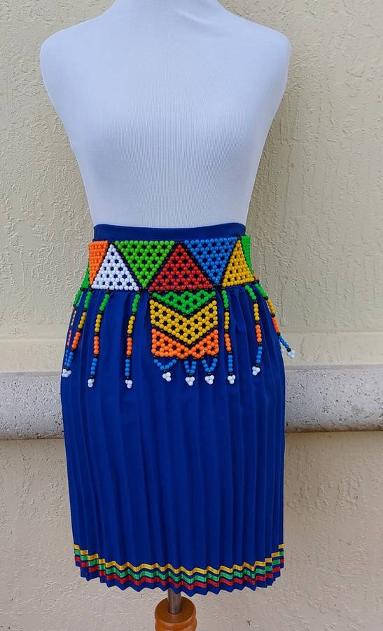 Women`s Blue Traditional Zulu Skirt and Beaded Belt. Pleated Zulu women skirt