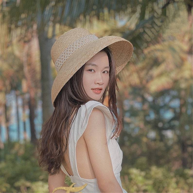 Retro Pearl Audrey Hepburn Straw Hat , Wide Brim Lampshade Hat, Straw Cloche Hat , Wedding Hat