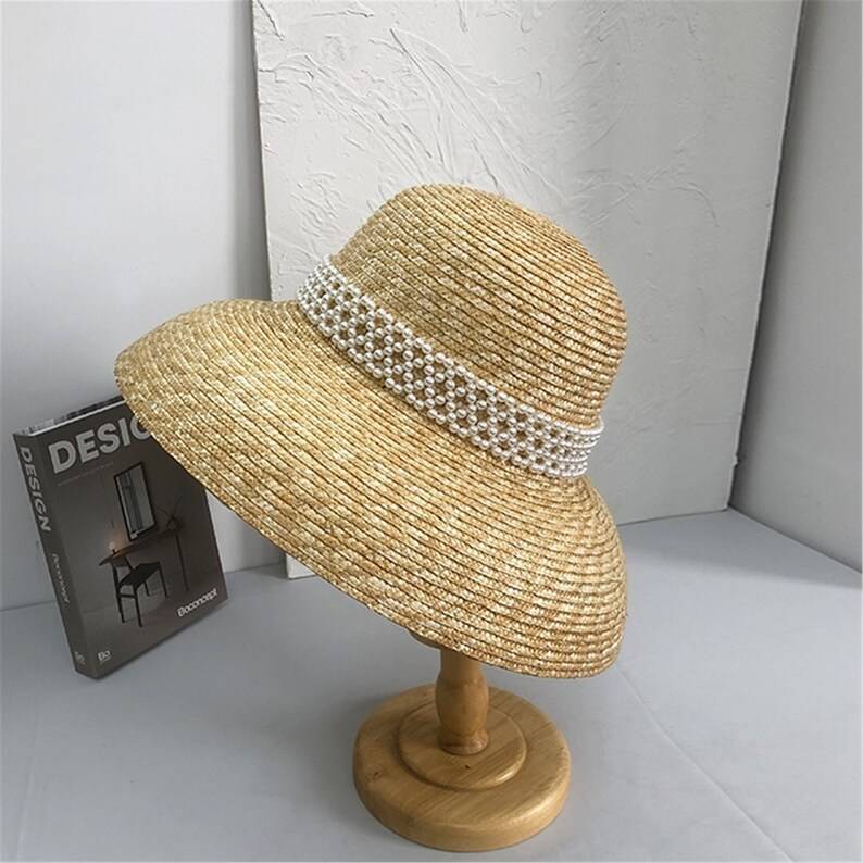 Retro Pearl Audrey Hepburn Straw Hat , Wide Brim Lampshade Hat, Straw Cloche Hat , Wedding Hat