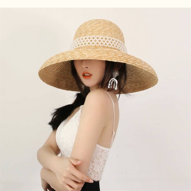 Retro Pearl Audrey Hepburn Straw Hat , Wide Brim Lampshade Hat, Straw Cloche Hat , Wedding Hat
