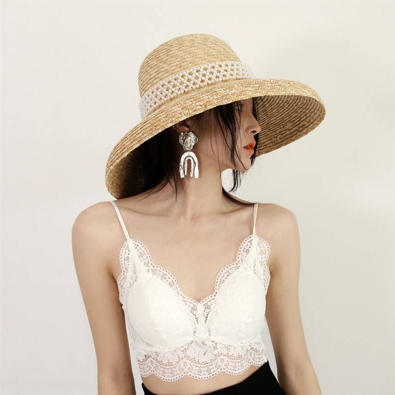 Retro Pearl Audrey Hepburn Straw Hat , Wide Brim Lampshade Hat, Straw Cloche Hat , Wedding Hat