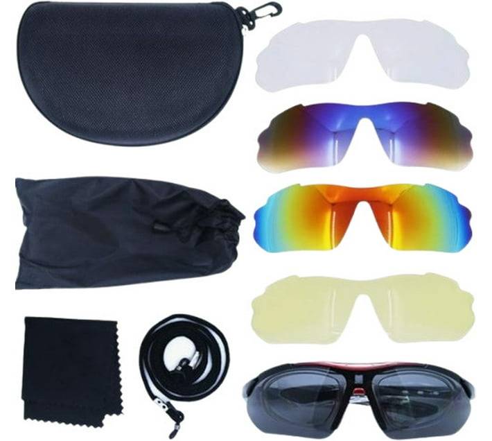 POLARIZE UV400 Sports Sunglasses with 5 Interchangeable Lenses with Carry Case - Black