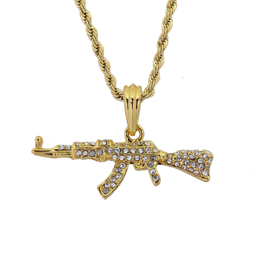 Golden AK47 Machine Gun pendant encrusted in Zirconia Jewels
