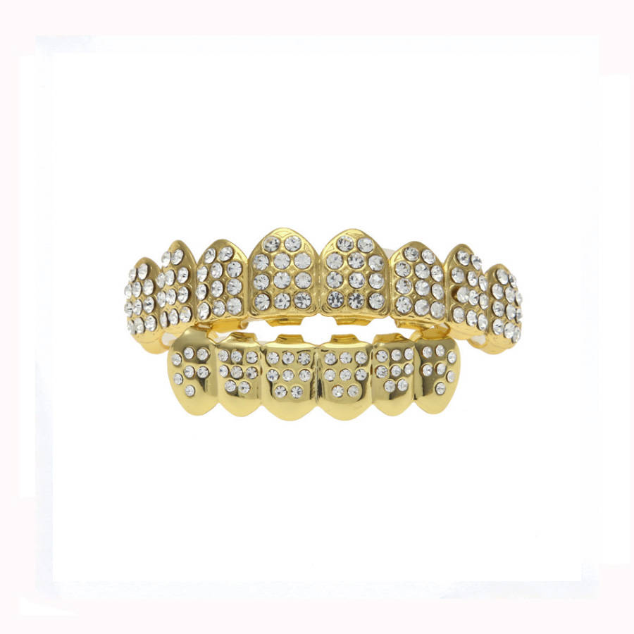 Teeth Grillz Gold plated with Ice'd out Upper &amp; Lower Diamonds