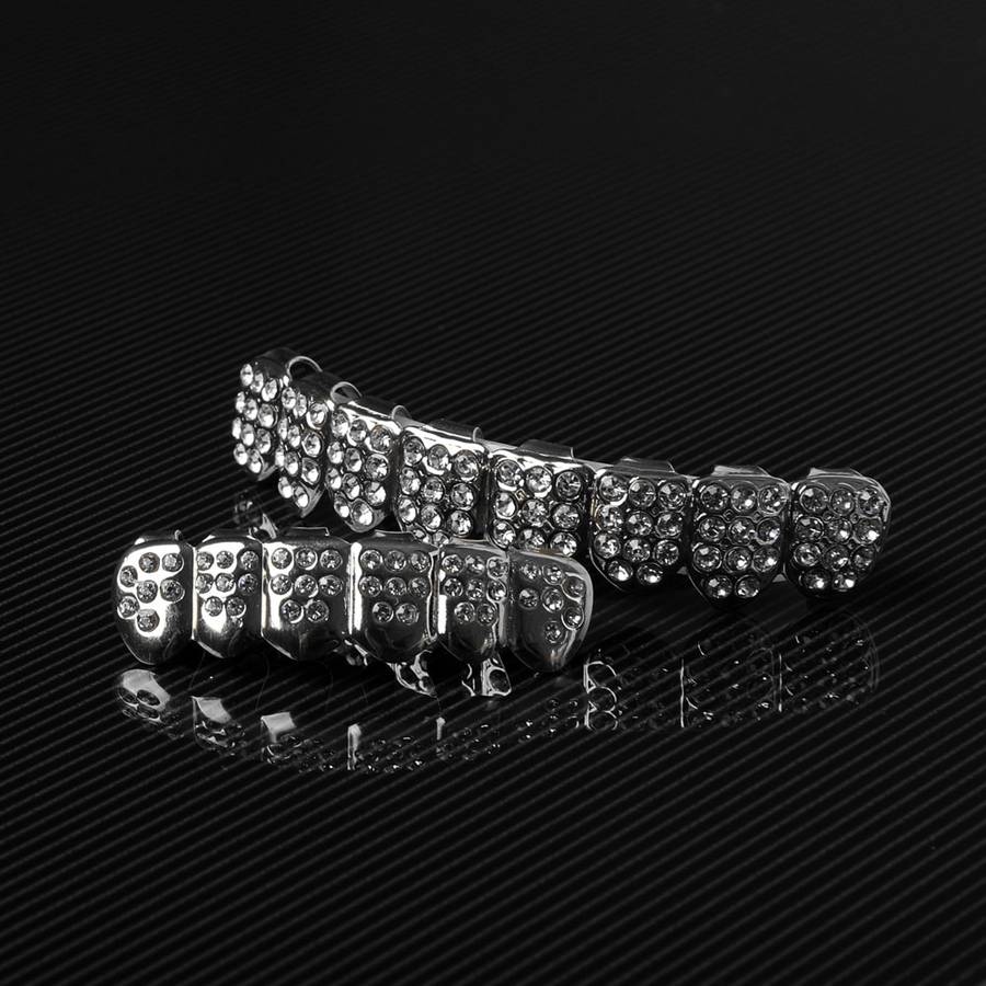 Teeth Grillz Silver plated with Ice'd out Upper and Lower Diamonds