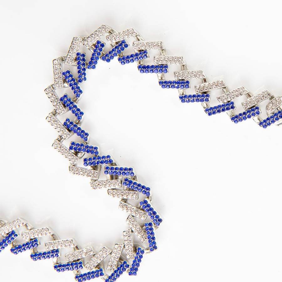 20 Cuban Iced Out Silver and Blue Necklace rectangle link encrusted with zirconia