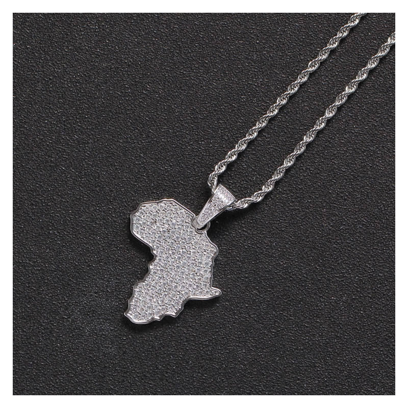 Africa Continent Iced Silver Pendant encrusted in Zircon Stones