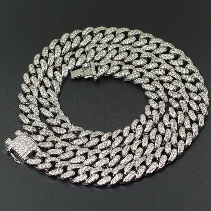 20 Silver Cuban Chainlink necklace encrusted in crystal rhinestones (12mm width)