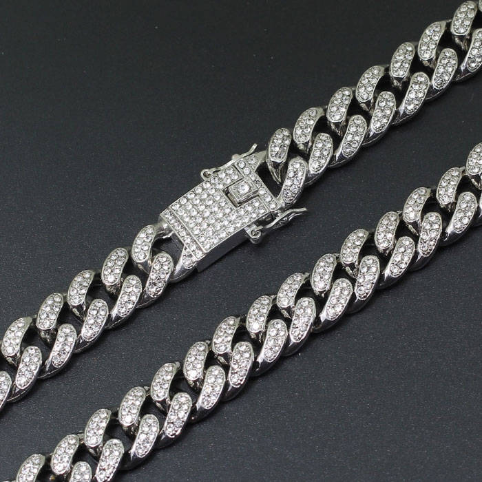 20 Silver Cuban Chainlink necklace encrusted in crystal rhinestones (12mm width)