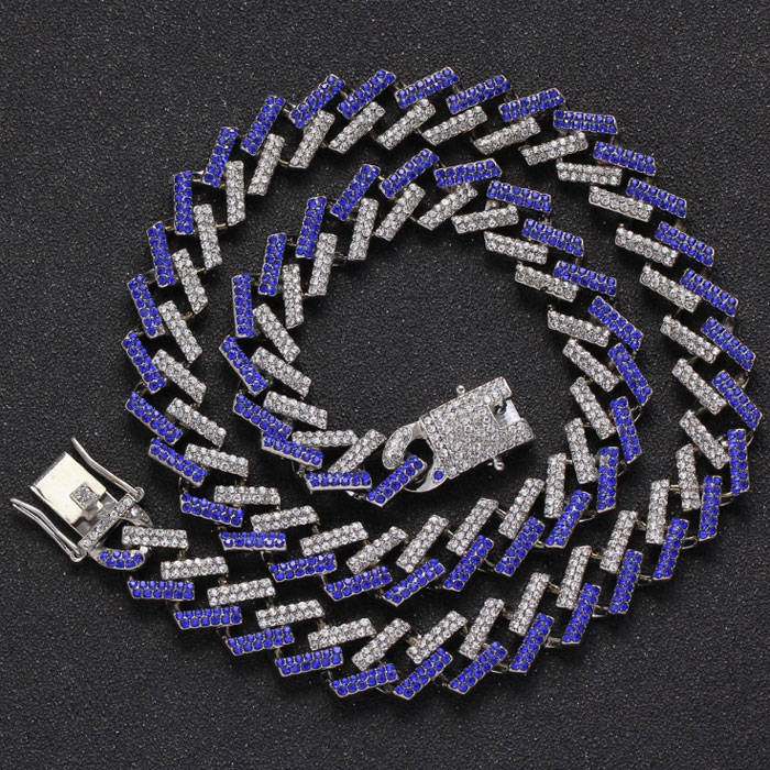 20 Cuban Iced Out Silver and Blue Necklace rectangle link encrusted with zirconia