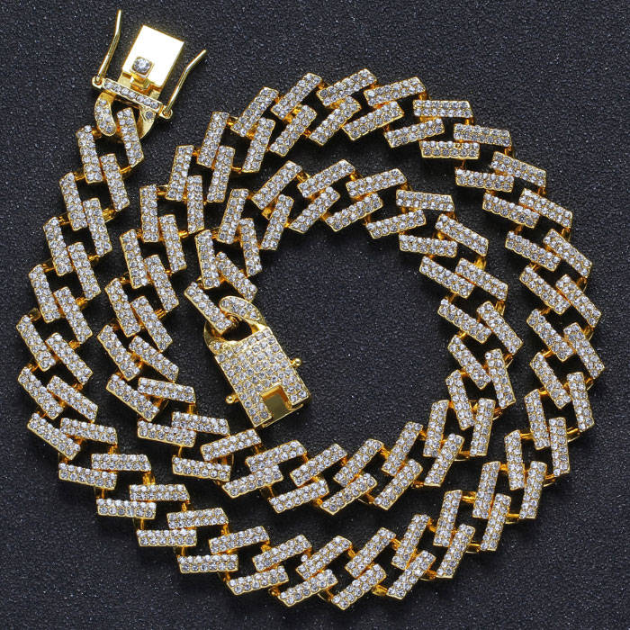 20 Cuban Golden Necklace rectangle link encrusted with silver zirconia