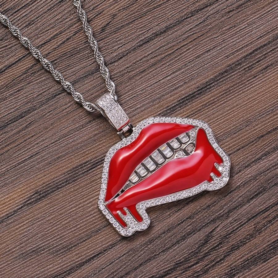 20" Rocky Horror Iced Lips &amp; Zirconia Teeth Pendant (silver)